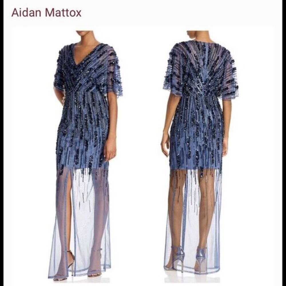 Women’s Formal Dress AIDAN MATTOX Size 10 Blue Beaded Short Sleeve AUTHENTIC NEW